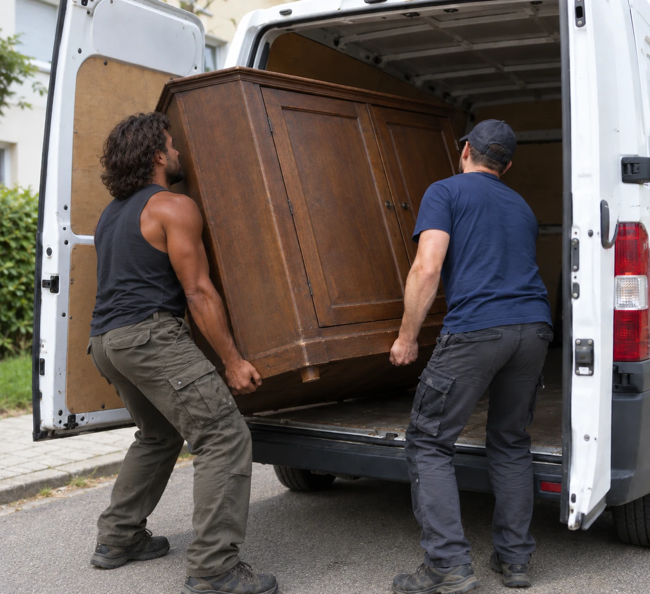 Deux hommes chargent une lourde armoire ancienne en bois dans une camionnette